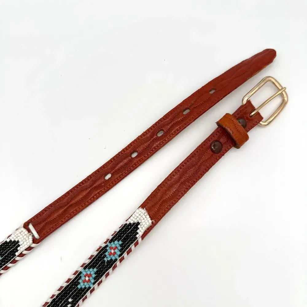 Vintage Hand Beaded Leather Belt Southwest Western Size 28
